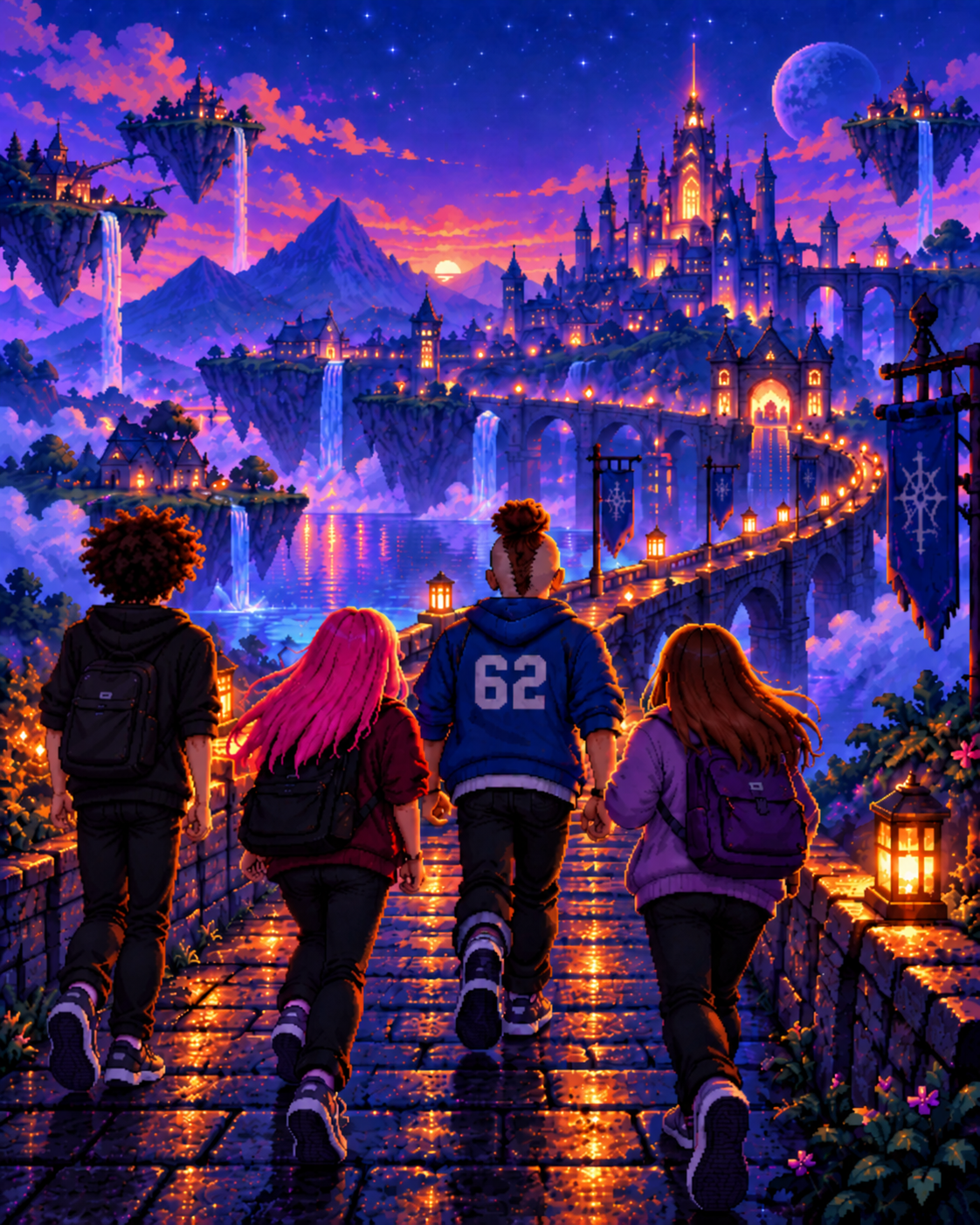 Four friends heading into a glowing pixel-art fantasy world